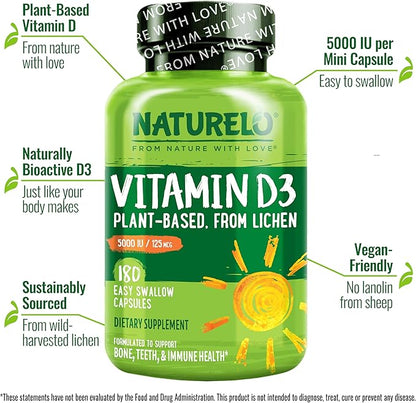 NATURELO Vitamin D 5000 IU D3 Supplement 180 Capsules