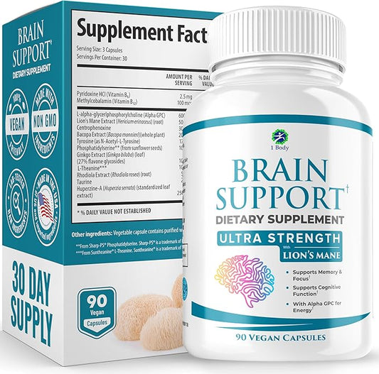 1 Body Brain Supplement Capsules with Lions Mane for Memory and Focus - Nootropics, Alpha GPC, Bacopa Monnieri