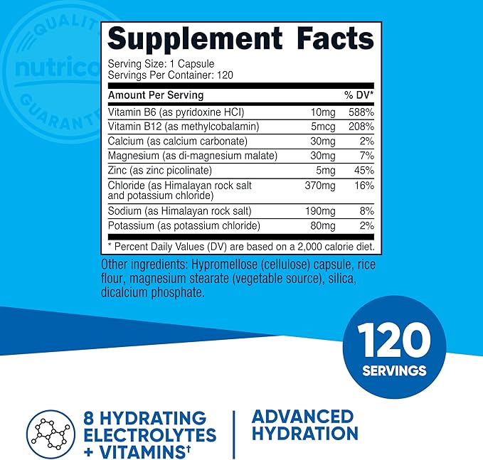 Nutricost Electrolyte Complex (Advanced Hydration with Real Salt®) 120 Capsules - 8 Hydrating Electrolytes & Vitamins, Gluten Free, Non-GMO, Vegetarian