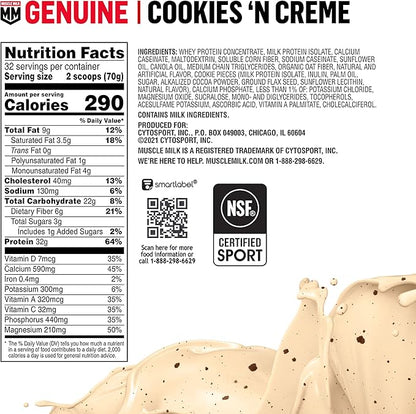 Muscle Milk Genuine Protein Powder, Cookies 4.94 Pound, 32 Servings, 32g Protein, 2g Sugar,