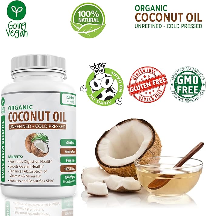 Organic Coconut Oil Capsules 2000mg - 100% Extra Virgin, Cold Pressed for Healthy Skin, Extra Hair Growth, Nail Care, Brain Booster - 120 Softgels - Unrefined Pure & Non GMO Pills - Rich in MCT