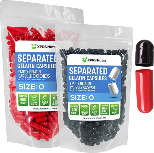 XPRS Nutra Gelatin Size 0 Separated Capsules - 500 Count Empty Capsules Separated in Bags - Size 0 Gelatin Capsules - Empty Gelatin Capsules for DIY Supplement Filling (Black/Red)