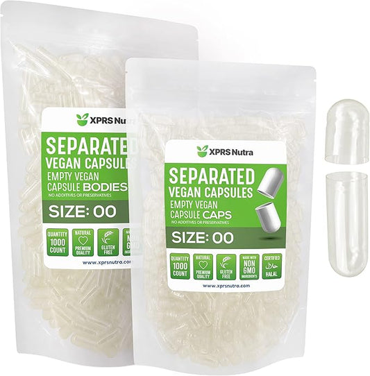 XPRS Nutra Vegan Size 00 Separated Capsules - 1000 Count Premium Empty Capsules Separated in Bags - Clear Empty Capsules - Separated Empty 00 Capsules - Pill Capsules Empty for DIY Supplement Filling
