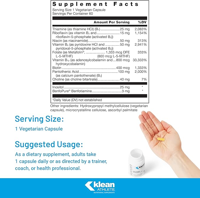Klean ATHLETE Klean B-Complex | Supports Energy Production, Cardiovascular Function, and Normal Cellular Functions | NSF Certified for Sport | 60 Vegetarian Capsules
