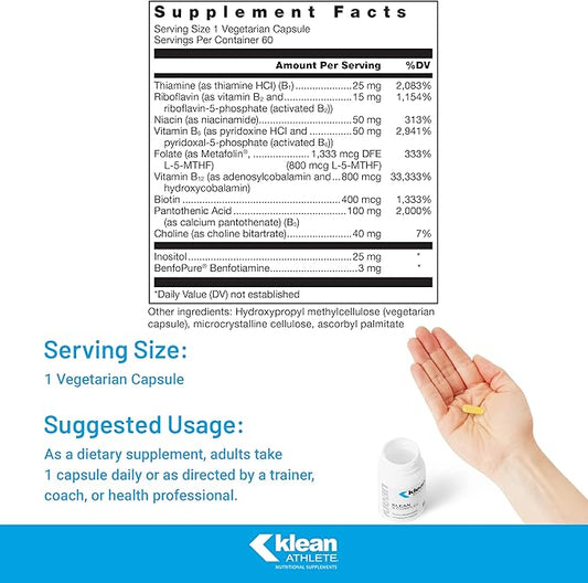 Klean ATHLETE Klean B-Complex | Supports Energy Production, Cardiovascular Function, and Normal Cellular Functions | NSF Certified for Sport | 60 Vegetarian Capsules