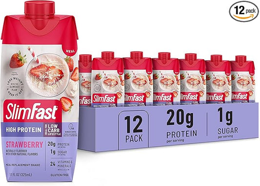 SlimFast Protein Shake, Strawberry- 20g Protein, 24 Vitamins 11 Fl 12)