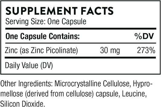 Thorne Zinc Picolinate 30 mg - Well-Absorbed Zinc Supplement for Growth and Immune Function - 60 Capsules