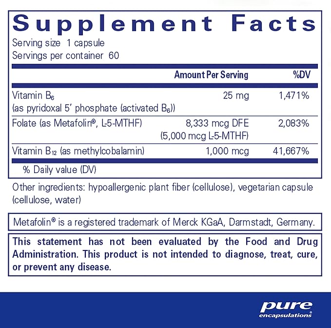 Pure Encapsulations - Folate 5,000 Plus - Activated Folate, Vitamin B12 and B6 Combination - 60 Capsules