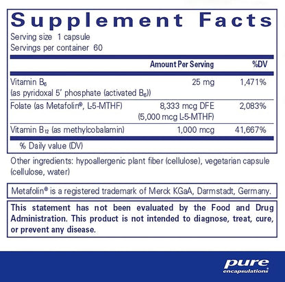 Pure Encapsulations - Folate 5,000 Plus - Activated Folate, Vitamin B12 and B6 Combination - 60 Capsules