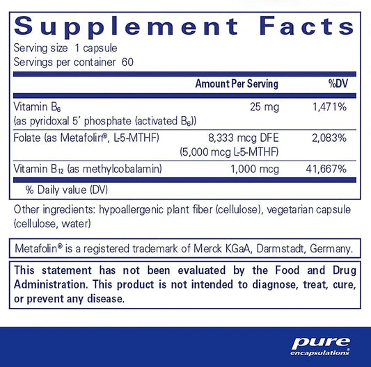 Pure Encapsulations - Folate 5,000 Plus - Activated Folate, Vitamin B12 and B6 Combination - 60 Capsules