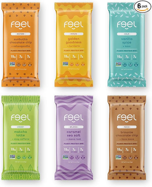 Feel Vegan Protein Bars - Keto, Gluten Free, Organic, 15g Protein - Dairy Free, Low Sugar - Variety Pack (6 Flavors, 6 Pack)