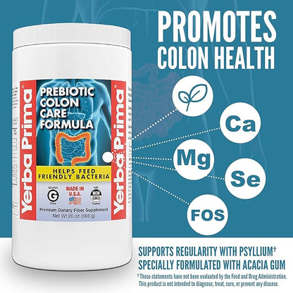 Yerba Prima Prebiotic Colon Care Formula, 20 oz Powder with FOS - Natural Psyllium Fiber, Magnesium, Selenium - Non-GMO, Gluten Free, Vegan Daily Supplement - for Men & Women