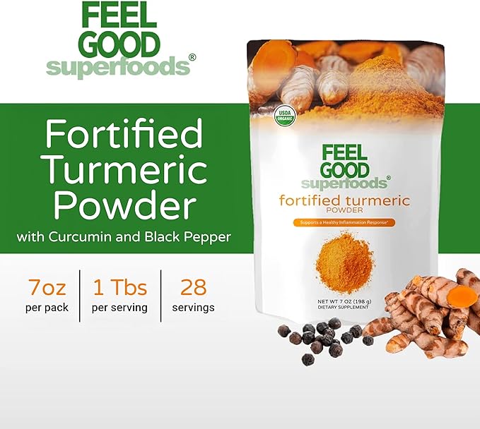 Feelgood Superfoods Fortified Turmeric Powder - Vegan Turmeric Supplement with Black Pepper Extract - Offers Cardiovascular, Joint, Digestive & Immune Support - 7 oz