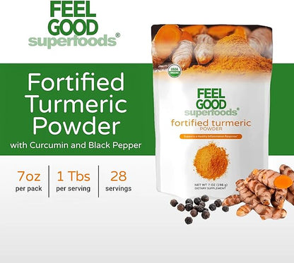 Feelgood Superfoods Fortified Turmeric Powder - Vegan Turmeric Supplement with Black Pepper Extract - Offers Cardiovascular, Joint, Digestive & Immune Support - 7 oz