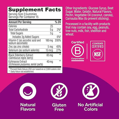 OLLY Immunity Gummy, Immune Support, Elderberry, Zinc, Vitamin C, Supplement, Berry Flavor, 15 Day Supply - 45 Count