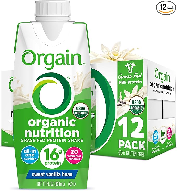 Orgain Organic Nutritional Protein Shake, Vanilla Bean - 16g Grass Fed Whey Protein, Meal Replacement, 20 Vitamins & Minerals, Fruits & Vegetables, Gluten Free, Non-GMO, 11 Fl Oz (12 Pack)
