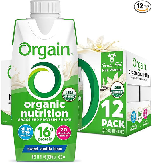 Orgain Organic Nutritional Protein Shake, Vanilla Bean - 16g Grass Fed Whey Protein, Meal Replacement, 20 Vitamins & Minerals, Fruits & Vegetables, Gluten Free, Non-GMO, 11 Fl Oz (12 Pack)