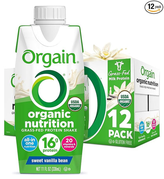 Orgain Organic Nutritional Protein Shake, Vanilla Bean 16g Grass 20 Vitamins 11 Fl (12 Pack)