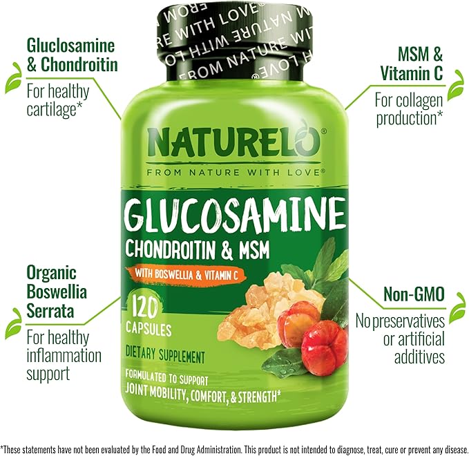 NATURELO Glucosamine Chondroitin MSM with Boswellia and Vitamin C - Joint Support Supplement - 120 Capsules