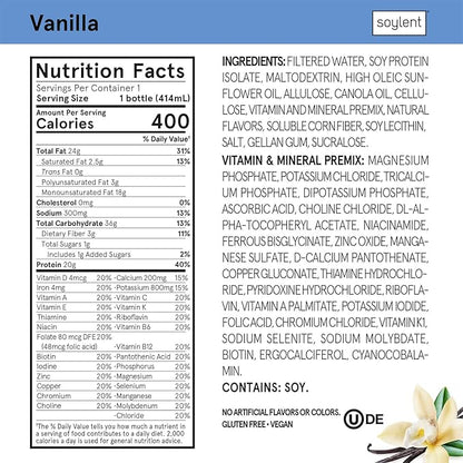 Soylent Vanilla Meal Replacement Shake, Ready-to-Drink 20g Complete 1g Sugar, 14oz, 12 12 Pack