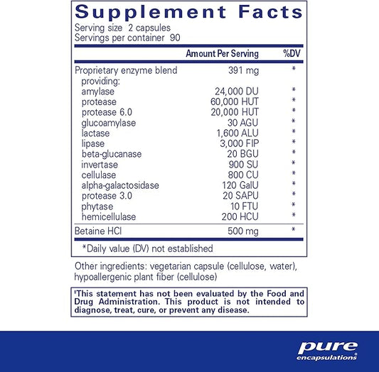 Pure Encapsulations Digestive Enzymes Ultra with Betaine HCl - Vegetarian Digestive Enzyme Supplement to Support Protein, Carb, Fiber, and Dairy Digestion* - 180 Capsules