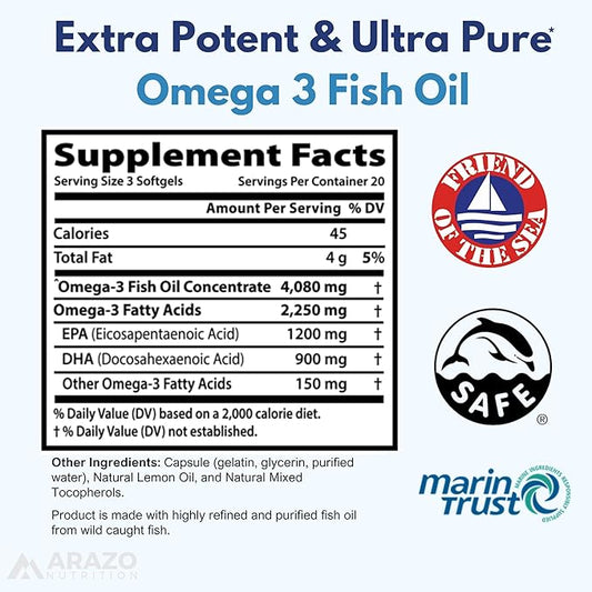 Arazo Nutrition Wild Caught Omega 3 60 Soft 4,080mg High 1200mg DHA 900mg Lemon