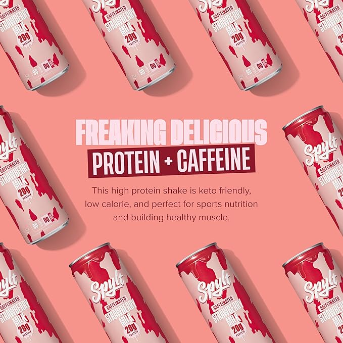 High Protein Strawberry Milk with 60mg Caffeine & 20g Protein - Ready to Drink, Sugar Free, Lactose Free Milk, Perfect for Workout Recovery & Afternoon Pick Me Up - 12 Count