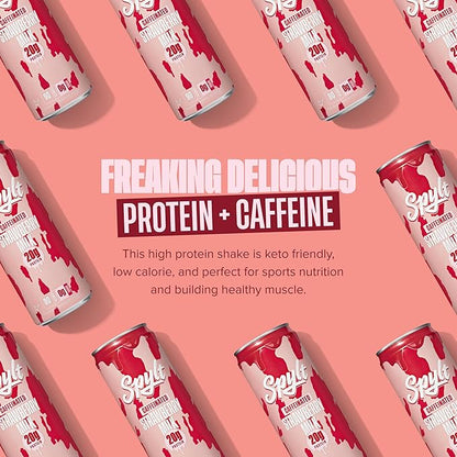High Protein Strawberry Milk with 60mg Caffeine & 20g Protein - Ready to Drink, Sugar Free, Lactose Free Milk, Perfect for Workout Recovery & Afternoon Pick Me Up - 12 Count