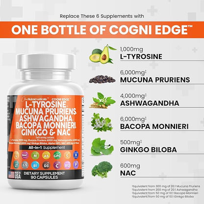 Clean Nutraceuticals L Tyrosine 1000mg Mucuna 6000mg Bacopa 500mg Ashwagandha 4000mg Focus 600mg NAC 5-HTP Ginkgo B1 B12 B12