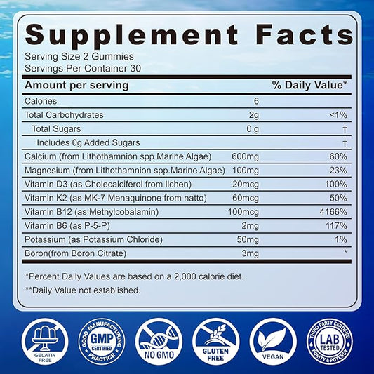 Calcium Gummies 600mg - Calcium Supplement for Women, Ocean Algae Calcium | Vitamin D3, K2, Magnesium | for Bone Strength, Muscle & Immnue | Sustainably Sourced Algae Calcium, 70+ Mineral, Vegan,2PACK