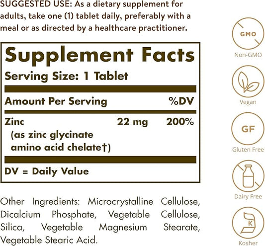 Solgar Chelated Zinc, 250 Tablets - Zinc for Healthy Skin - Supports Cell Growth & DNA Formation - Exerts Antioxidant Activity - Supports A Healthy Immune System - Non GMO, Vegan - 250 Servings