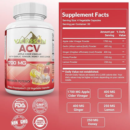 Vicksson Apple Cider Vinegar Pills 1700 mg of ACV with Garlic, Ginger, Lemon & Honey for Weight, Detox, Cleanse, Appetite, Bloating, Metabolism & Immune Support | 120 Capsules