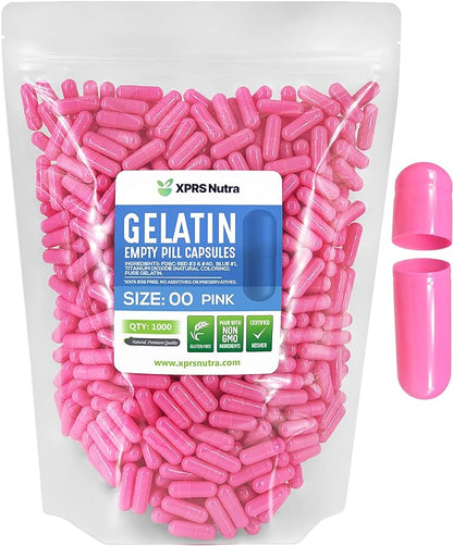 XPRS Nutra Size 00 Empty Capsules - 1000 Count Empty Gelatin Capsules - Empty Pill Capsules - DIY Capsule Filling - Fillable Pill Capsules Empty Gel Caps (Pink)