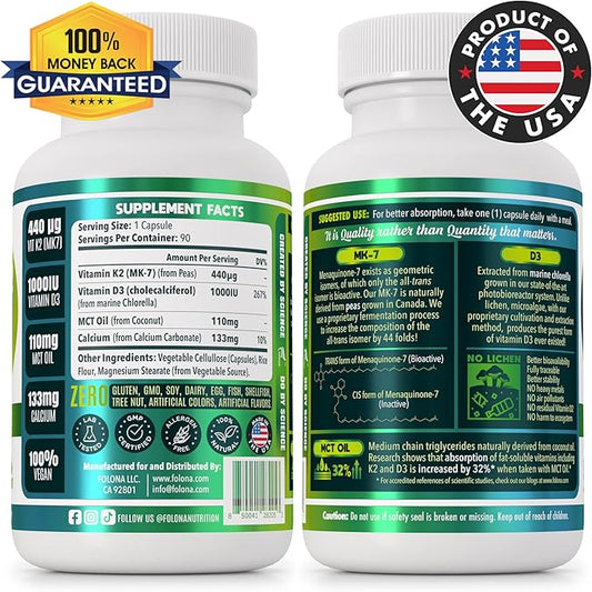 Vegan Vitamin K2+D3 | 440 mcg All-Trans MK-7 440mcg from Peas + 1000IU Vitamin D3 from Chlorella + MCT Coconut Oil for max Absorption | 90 Capsules, 100% Vegan, Non-GMO