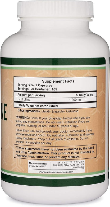 L Citrulline Capsules 1,200mg Per Serving, 210 Count (L-Citrulline Increases Levels of L-Arginine, Acts as a Nitric Oxide Booster) Muscle Recovery Supplement to Improve Muscle Pump by Double Wood