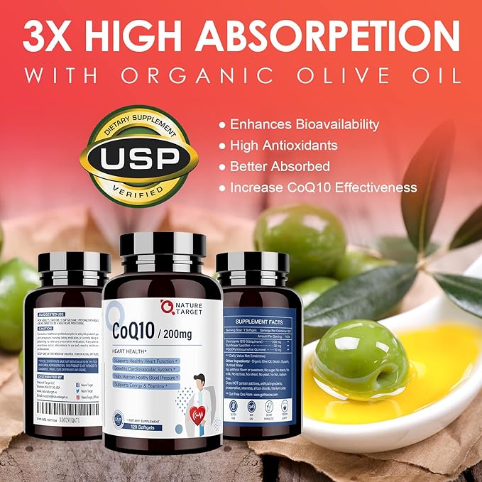 NATURE TARGET CoQ10-200mg-Softgels + PQQ with Organic-Olive-Oil Absorption-Coenzyme-Q10 - 120 Servings