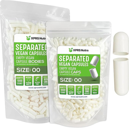 XPRS Nutra Vegan Size 00 Separated Capsules - 1000 Count Premium Empty Capsules Separated in Bags - Separated Empty 00 Capsules - Pill Capsules Empty for DIY Supplement Filling (White)
