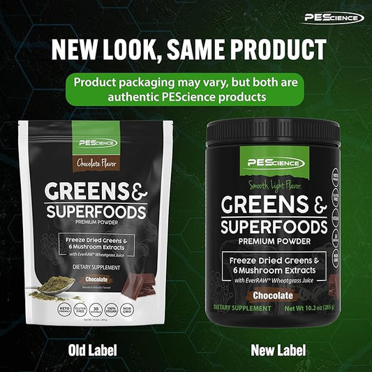 PEScience Greens & Superfoods Powder, Chocolate, 30 Servings, Natural Chlorophyll with Turkey Tail Mushroom & Fruit Extracts Blend