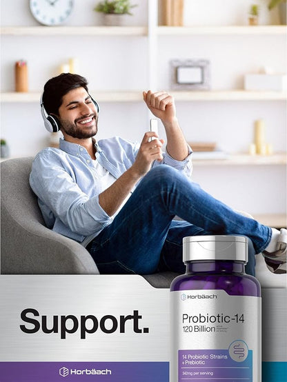 Horbäach Probiotics 120 Billion CFU | 14 Strains with Prebiotics | for Women & Men | 50 Capsules | Vegetarian, Non-GMO & Gluten Free Supplement