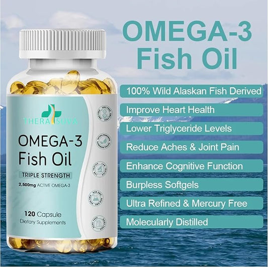 Triple Strength Wild Alaskan Omega-3 2500mg 1,300mg + 1,200mg, Supplement 120 Softgels 60 Day