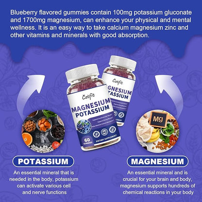 Potassium Magnesium Supplement Gummies,Magnesium Glycinate 500mg,Potassium Gluconate 99mg,Triple Magnesium Complex 1700mg,Calcium,Zinc,Vitamin D3 for Leg Cramps,Sleep,Immunity & Energy,60 Ct Blueberry