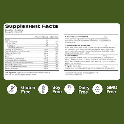 VitaHustle ONE Superfood Super Greens Powder with Prebiotics + Probiotics, Reduce Bloating, Detox, Gut Health, Spirulina, Chlorella, Digestive Enzymes (Berry Flavor, 25 Servings)