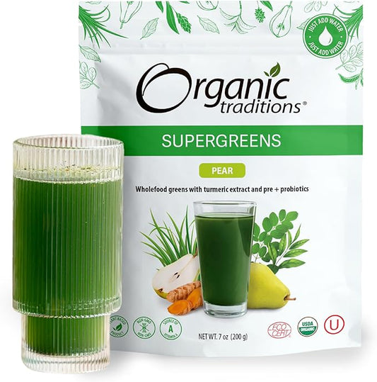 Organic Traditions Super Greens Powder Superfood with Turmeric, Pear Flavored Organic Greens Superfood Powder, 200g / 7oz Bag