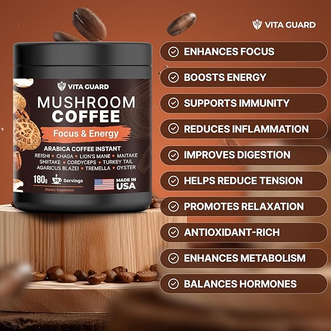 10-Mushroom Blend Coffee | Lion's Mane, Cordyceps, Reishi & More | Rich Arabica Instant Coffee with Coconut Powder | Boost Focus & Immune System