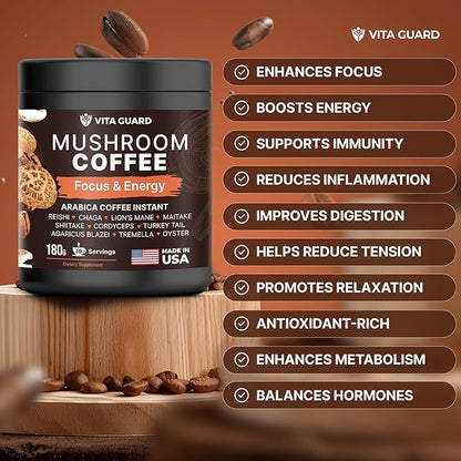 10-Mushroom Blend Coffee | Lion's Mane, Cordyceps, Reishi & More | Rich Arabica Instant Coffee with Coconut Powder | Boost Focus & Immune System