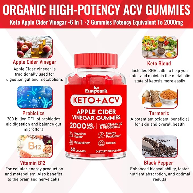 Apple Cider Vinegar Gummies, Keto ACV Gummies with Probiotics, Vitamin B12 & Keto Support, 2000 mg ACV Gummies with Mother for Digestion, Metabolism, Cleanse & Detox Diet, Vegan, Low Sugar, 120 Counts
