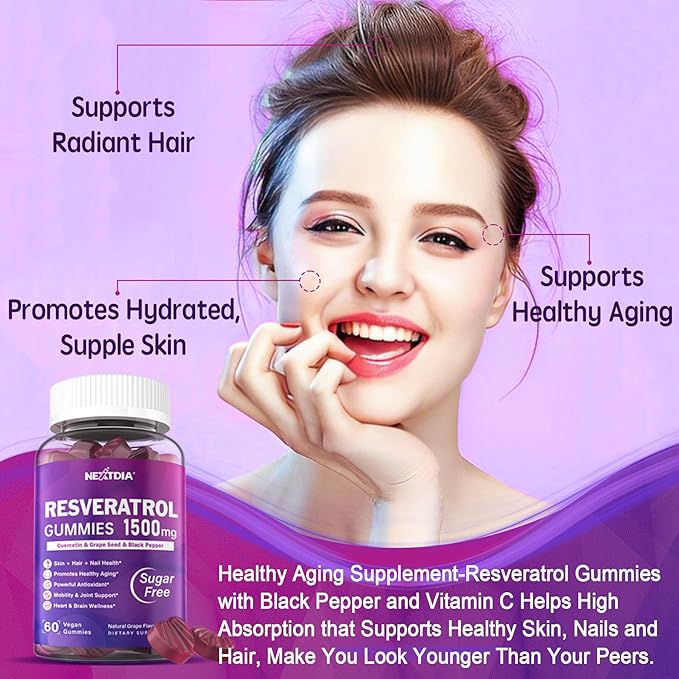 Resveratrol Gummies 1500mg - Sugar Free Resveratrol Supplement with Quercetin, Grape Seed, Acai Berries Extracts Support Antioxidant, Healthy Aging & longevity, Skin, Joint, Brain Wellness - 2Pack