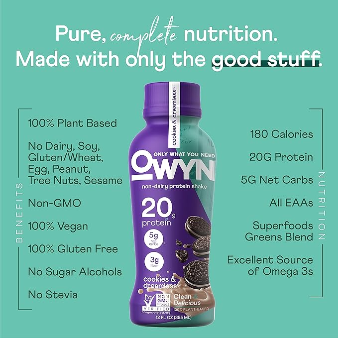 OWYN Only What You Need Vegan Protein Shake, Cookies & Creamless, 20g Plant Based Protein, Omega-3, Prebiotic Supplements, Superfoods Greens Blend, Gluten-Free, Soy-Free, Non-GMO (36 Pack)