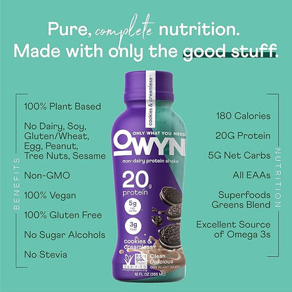 OWYN Only What You Need Vegan Protein Shake, Cookies & Creamless, 20g Plant Based Protein, Omega-3, Prebiotic Supplements, Superfoods Greens Blend, Gluten-Free, Soy-Free, Non-GMO (36 Pack)