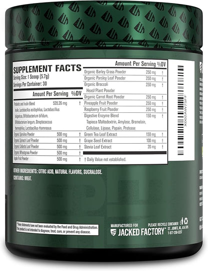 Jacked Factory Green Surge Green Superfood Powder- Keto Friendly Greens Drink w/Spirulina, Wheat & Barley Grass, Organic Greens - Green Tea Extract, Probiotics & Digestive Enzymes - Sour Apple - 30sv